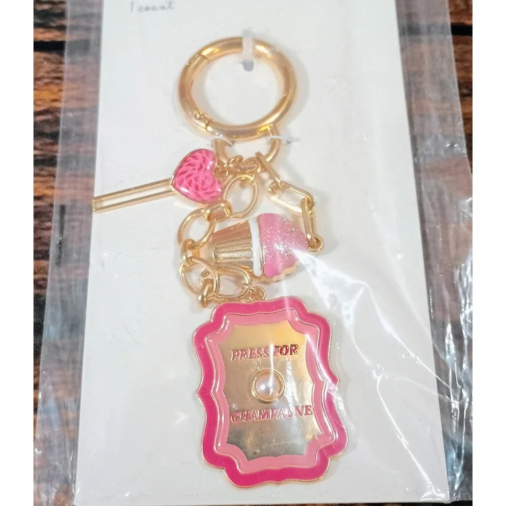 A New Day Bag‎ Charm Press For Champagne Cupcake Heart Pink Gold Tone NWT